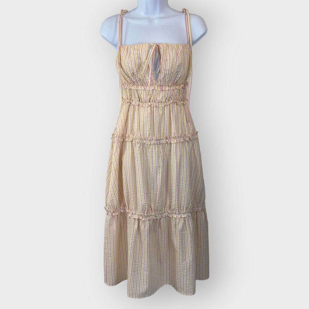Lovers + Friends Kai Midi Dress | XS | Seersucker | Strawberry Lemonade | Tiered